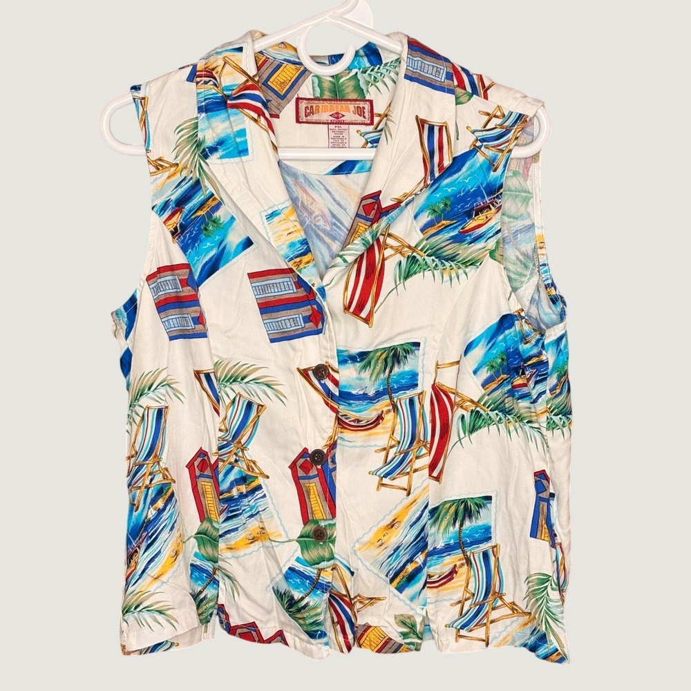 Caribbean Joe Sleeveless Top Womens PXL White Excellent Beach Print Rayon Camp